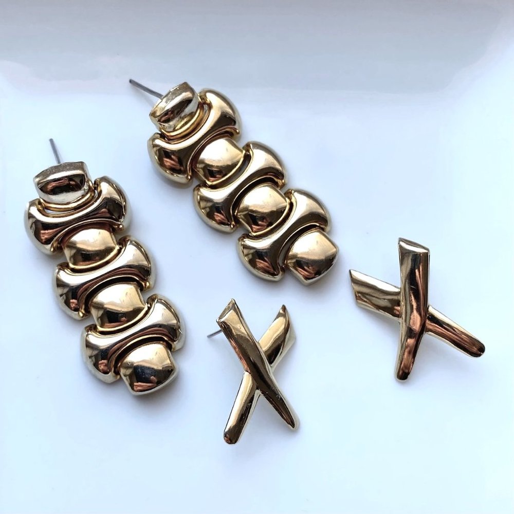 80s Gold Tone Chain Link Dangle & X Earring Duo